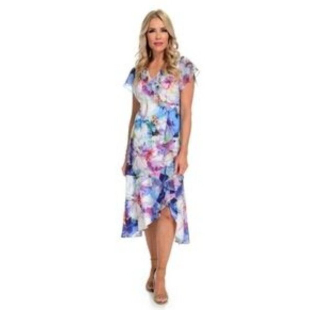 Kate & Mallory Womens Floral Midi Dress Ruffle Accent & Flutter Sleeves Size 2X